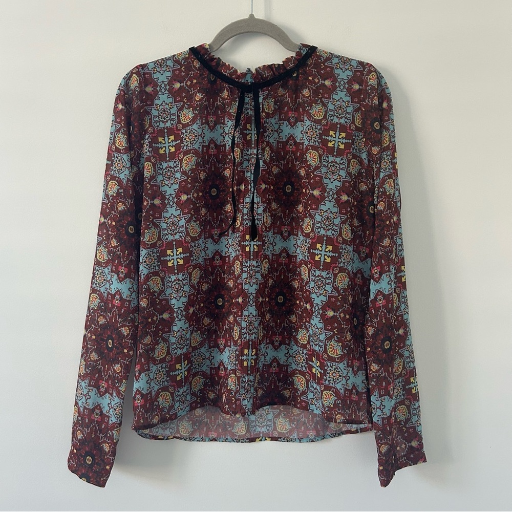 For Love & Lemons Geneva Red Blue Geometric Print Long Sleeve Velvet Bow Blouse